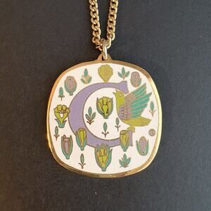 Vintage Cloisart Cloisonné Monogram Letter C Crocus Flower Enamel Necklace w/Box